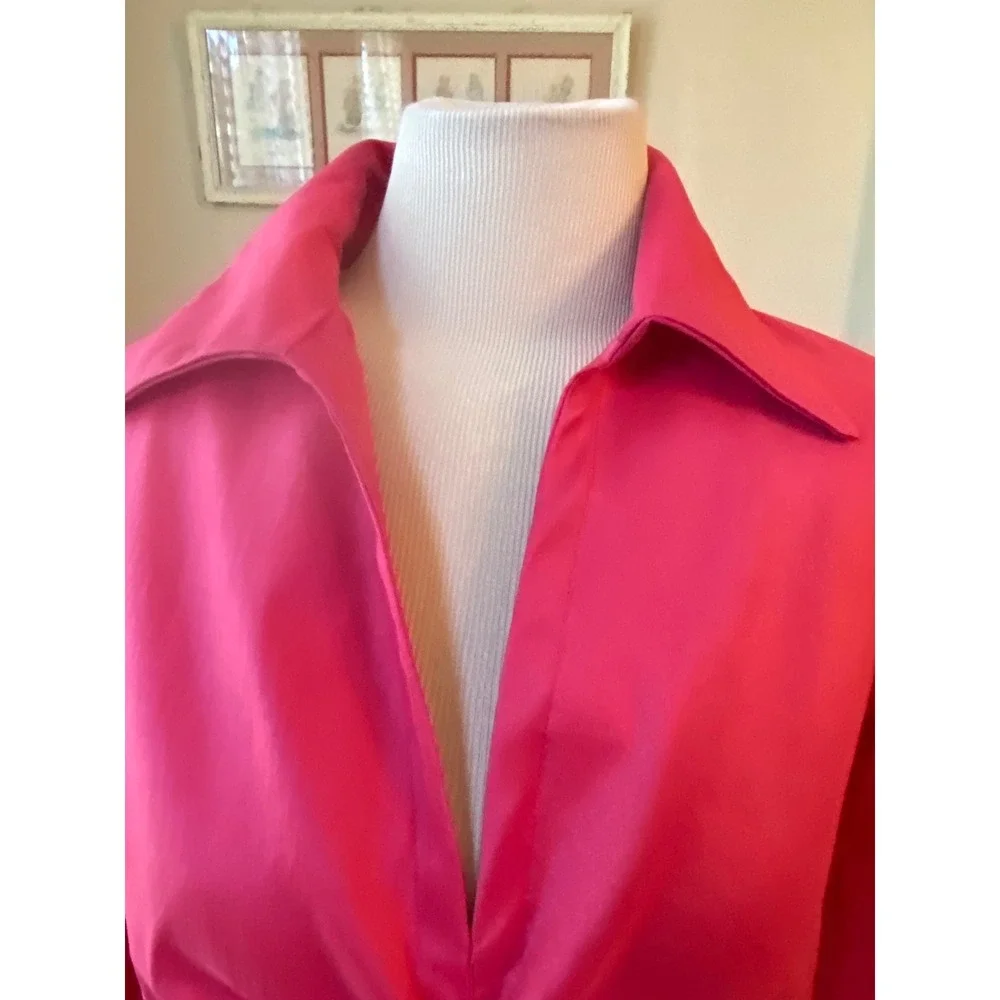Tadashi Shoji Hot Pink Ruched V-Neck Blouse Long Sleeve formal top size 8 - Picture 2 of 8